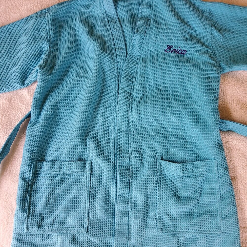 Embroidered "Erica" Waffle Weave Kimono RobeKimono Thigh Length Robe - Picture 9 of 9